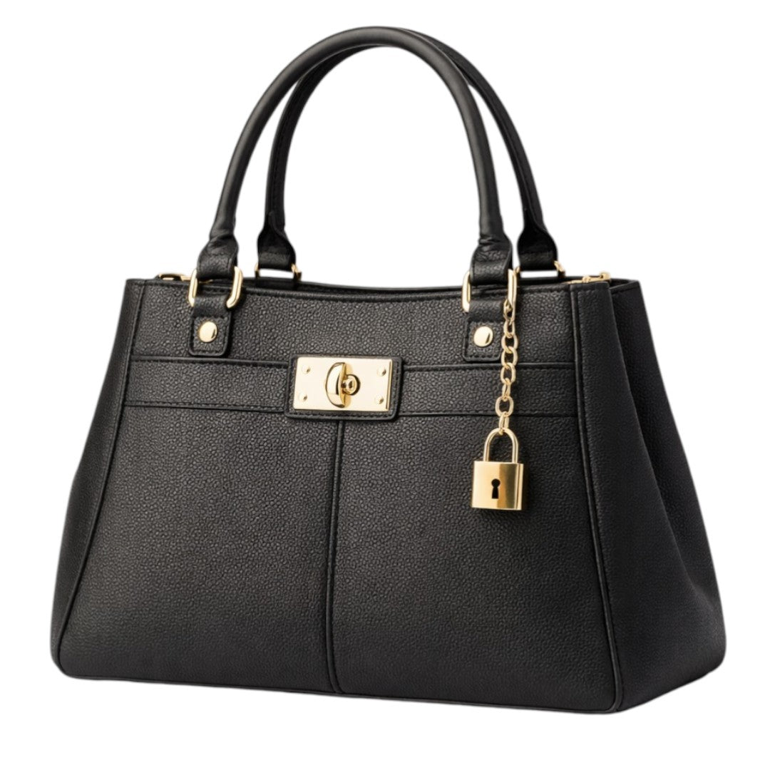 Revat Women’s Elegant Black Faux Leather Handbag with Gold Lock
