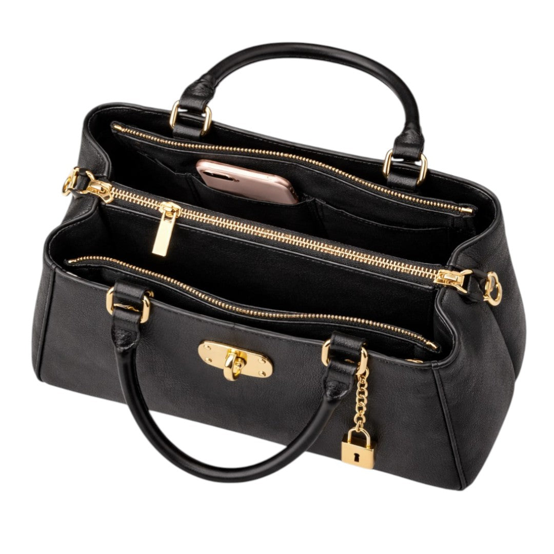 Revat Women’s Elegant Black Faux Leather Handbag with Gold Lock